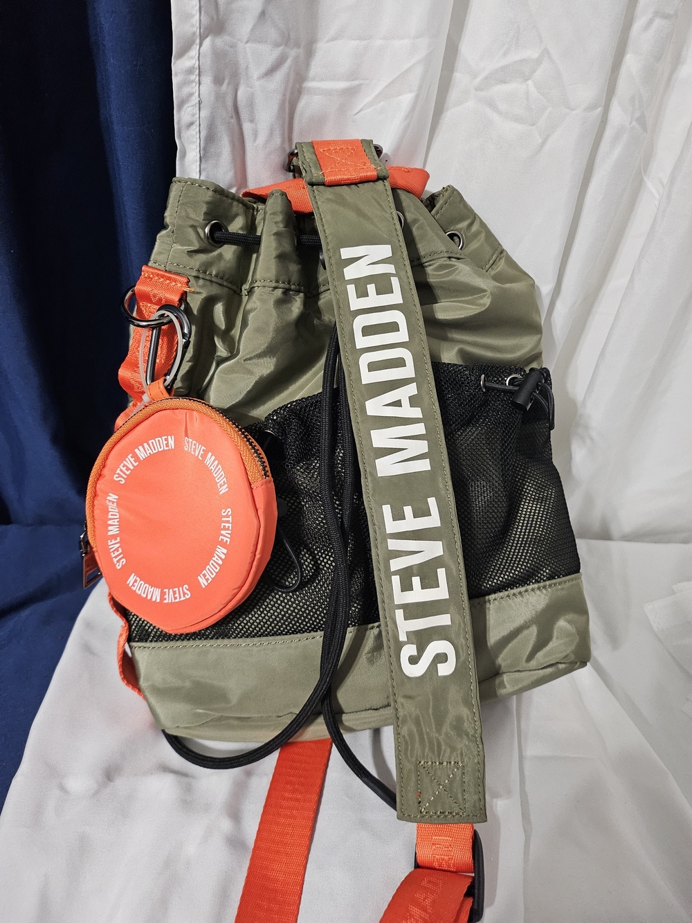 Steve Madden Olive Green and Orange Drawstring Bucket Bag